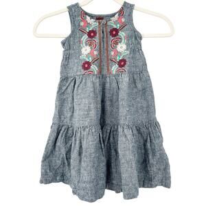 Tea Collection Girls Spring Chambray Floral Embroidered Linen Dress Size 2‎ Blue